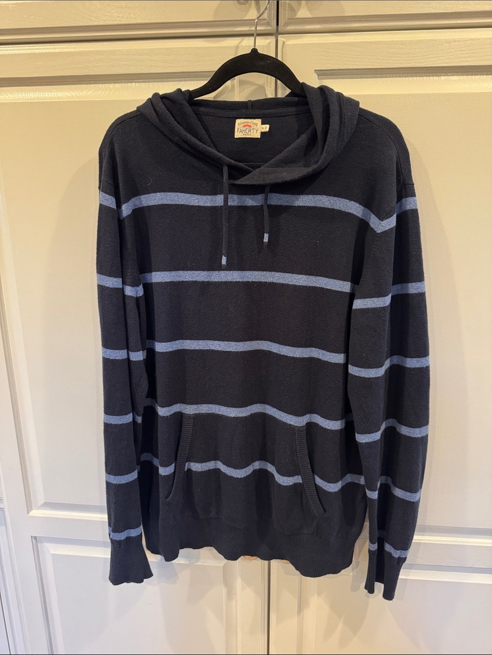 Faherty Navy Hooded Zip Sweater with Light Blue Stripes